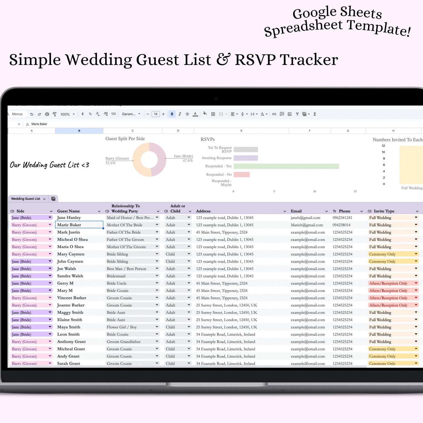 Wedding Guest List And RSVP Tracker - Google Sheet Template