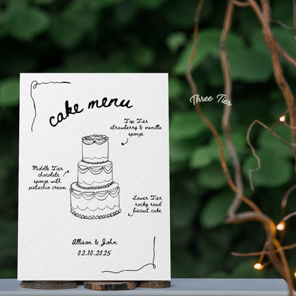 Wedding Cake Menu Template - 3 Handdrawn Vintage Cake Designs