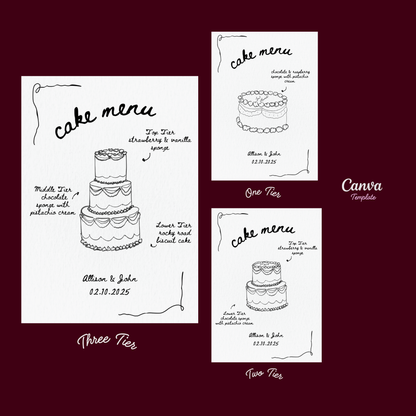 Wedding Cake Menu Template - 3 Handdrawn Vintage Cake Designs