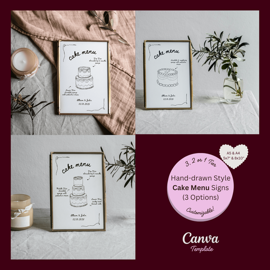 Wedding Cake Menu Template - 3 Handdrawn Vintage Cake Designs