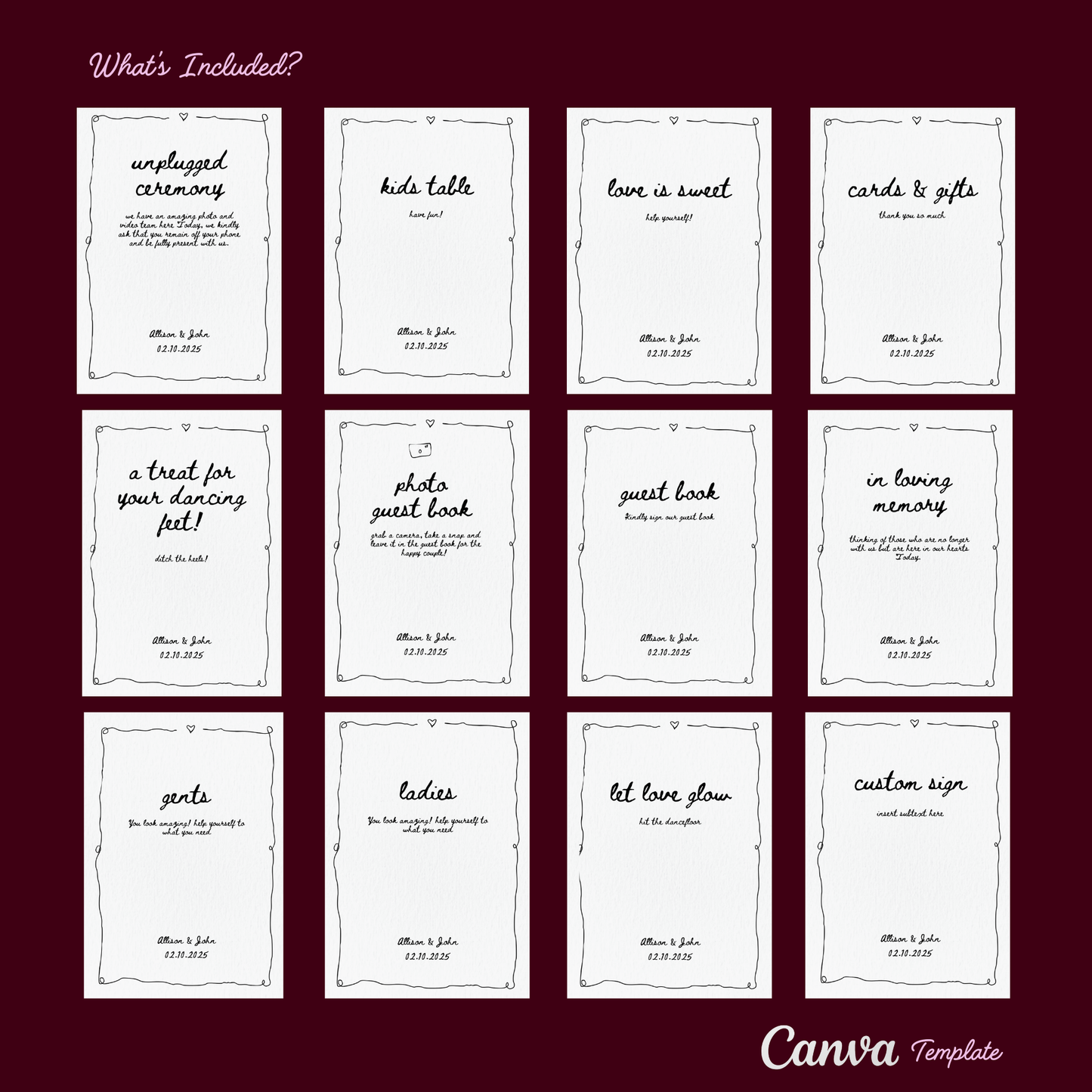 Wedding Stationery 12 Pack - Handdrawn Style - Canva Templates (4 Sizes)