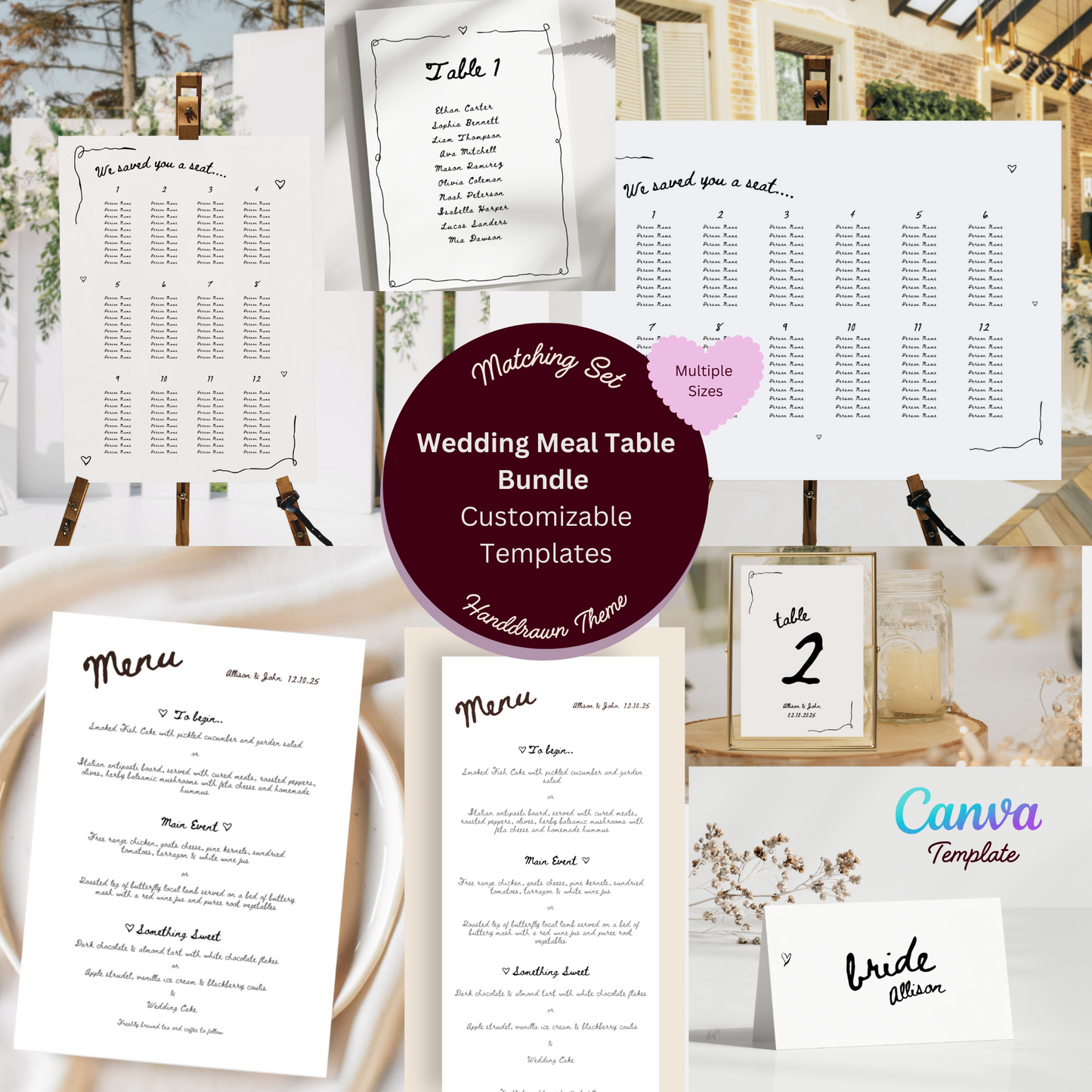 Wedding Table Stationery Bundle – Customizable Canva Templates - Handdrawn Theme (Multiple Designs)