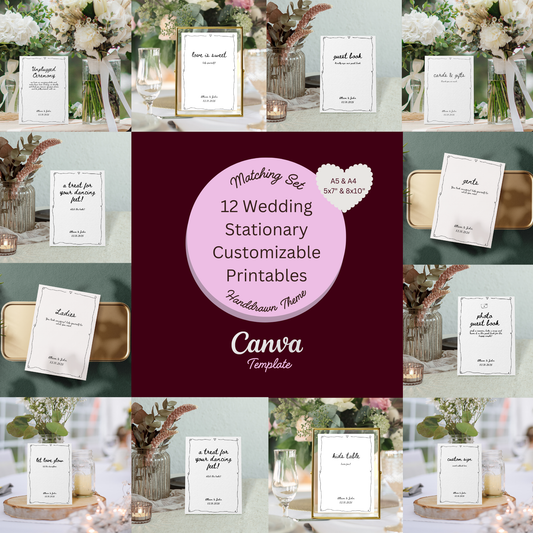 Wedding Stationery 12 Pack - Handdrawn Style - Canva Templates (4 Sizes)